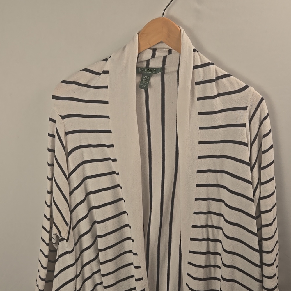 Ralph Lauren Striped Black and White Open Face Cardigan One Size Cotton Preppy - Picture 2 of 9